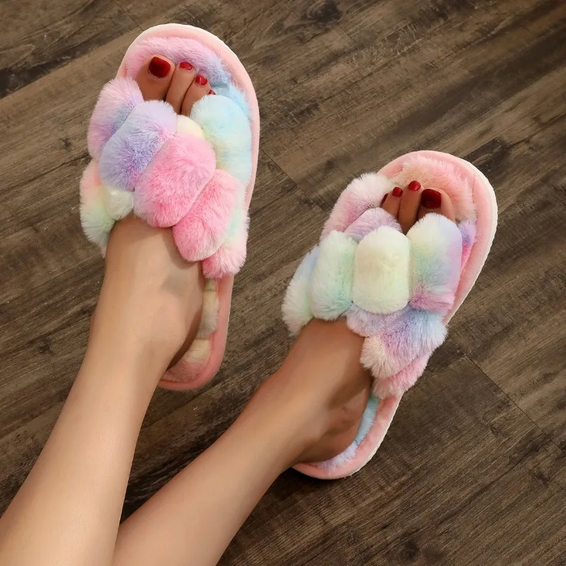 Winter Rainbow Slipper Ladies Women Colorful Plush Warm Flooring Non Slip Home House Shoes Flats Fluffy Fluffy Family Footwear