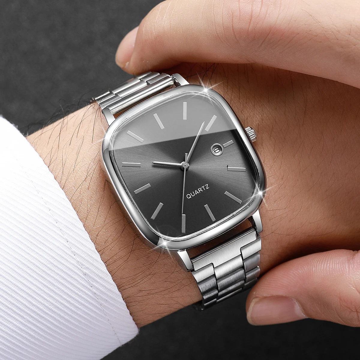 2PCS 패션 스퀘어 남성 비즈니스 시계 세트 실버 컬 - Luxury Watch Under 20000 리뷰 및 가격