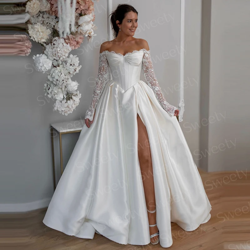 Romantic Slit A Line Wedding Dress Lace With Satin Taffeta Ball Gown Boat Neck Full Sleeve Bridedress  Customized Robe De Mariee