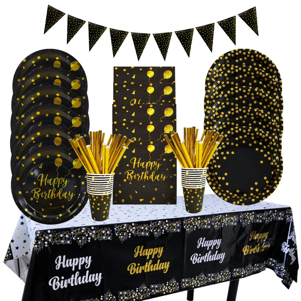 Schwarz Gold Dot Einweggeschirr Pappbecher Teller Tischdecke Servietten Erwachsene Hochzeit Geburtstag Party Dekoration Lieferungen