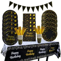 Black Gold Dot Disposable Tableware Paper Cups Plates Tablecloth Napkins Adult Wedding Birthday Party Home Decoration Supplies