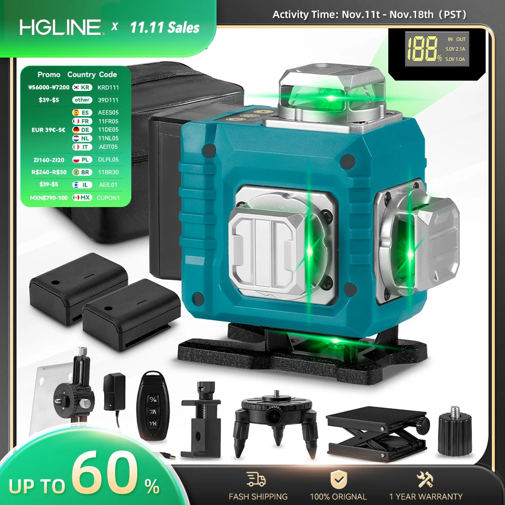 Hgline 16 Linhas Laser Nível 4d Linha Verde 360 ° Instrumento de Nível Laser de Super Potência com Controle Remoto Horizontal Vertical 30m App