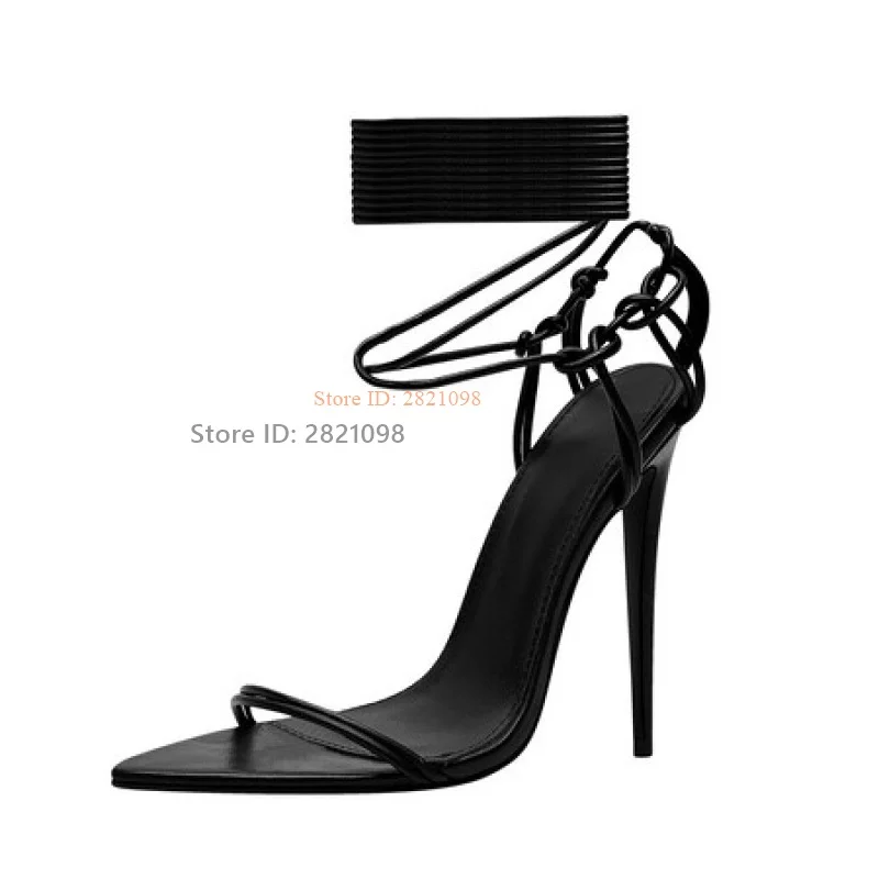 

Solid Color 4 Inch High Heel Stiletto Womens Sandals Pointed Toe Sexy Peep Toe Gladiator Ankle Tie Black Summer Shoes