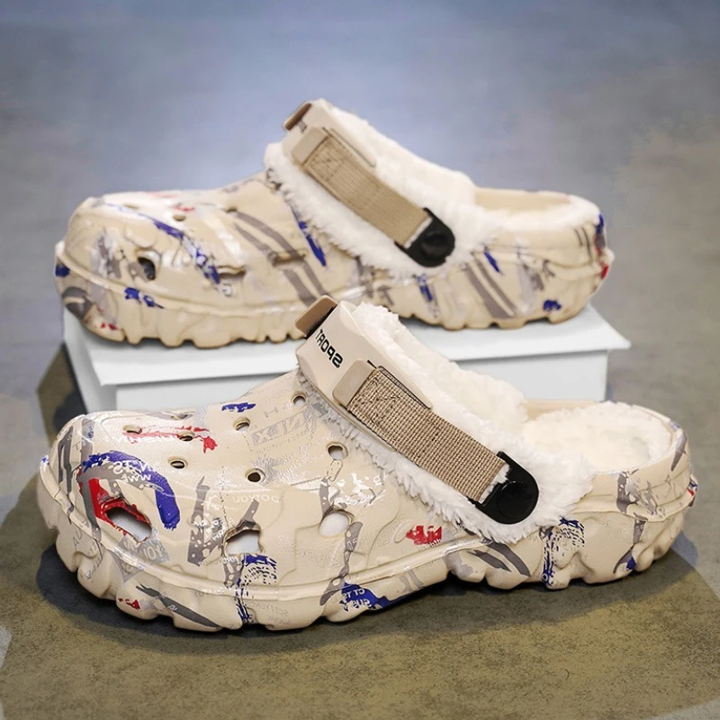 Men's Winter Cotton Slippers Warm Clogs Fluffy Slippers Short Plush Shoes Garden Shoes Men Home Outdoor Clogs Big Size 46 47