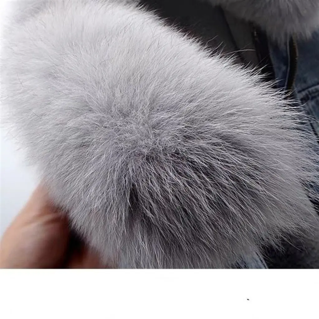 

Women's Short Denim Parka Coat with Detachable Faux Fox Fur And Rabbit Fur Liner Autumn Winter Fashion Top Outerwear