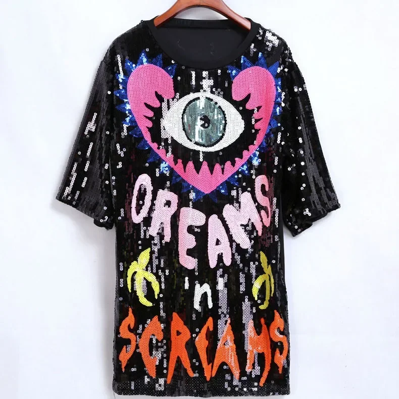 Peach Heart 2026 Newest Spring and Summer Ladies Top Love Peach Eye Clear Letter Sequin Medium Length Loose T-shirt