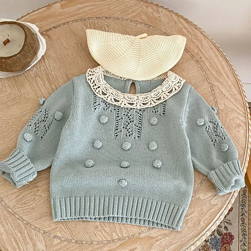 

2024 New Autumn Newborn Baby Sweater Long Sleeved Knitted Lace Splicing Toddler Baby Girl Knitting Pullover Children Clothes