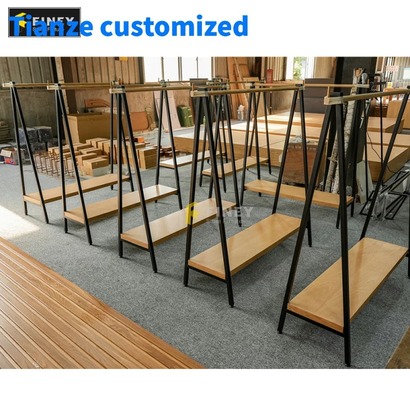 

（customized）Clothes Shop Design Boutique Clothing Racks Garment Metal Wood Hanging Clothes Display Rack Shop