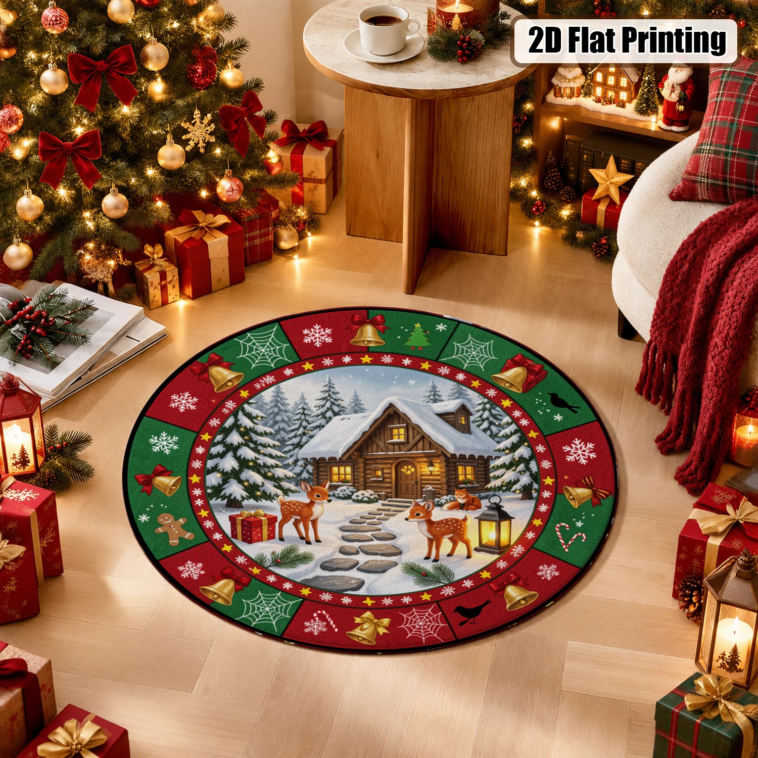 Winter Christmas Cabin Deer Pattern Round Velvet Mat Machine Washable for Living Room Bedroom Entryway Holiday Decor Suitable for Halloween Thanksgiving Black Friday Cyber Monday Christmas New Year
