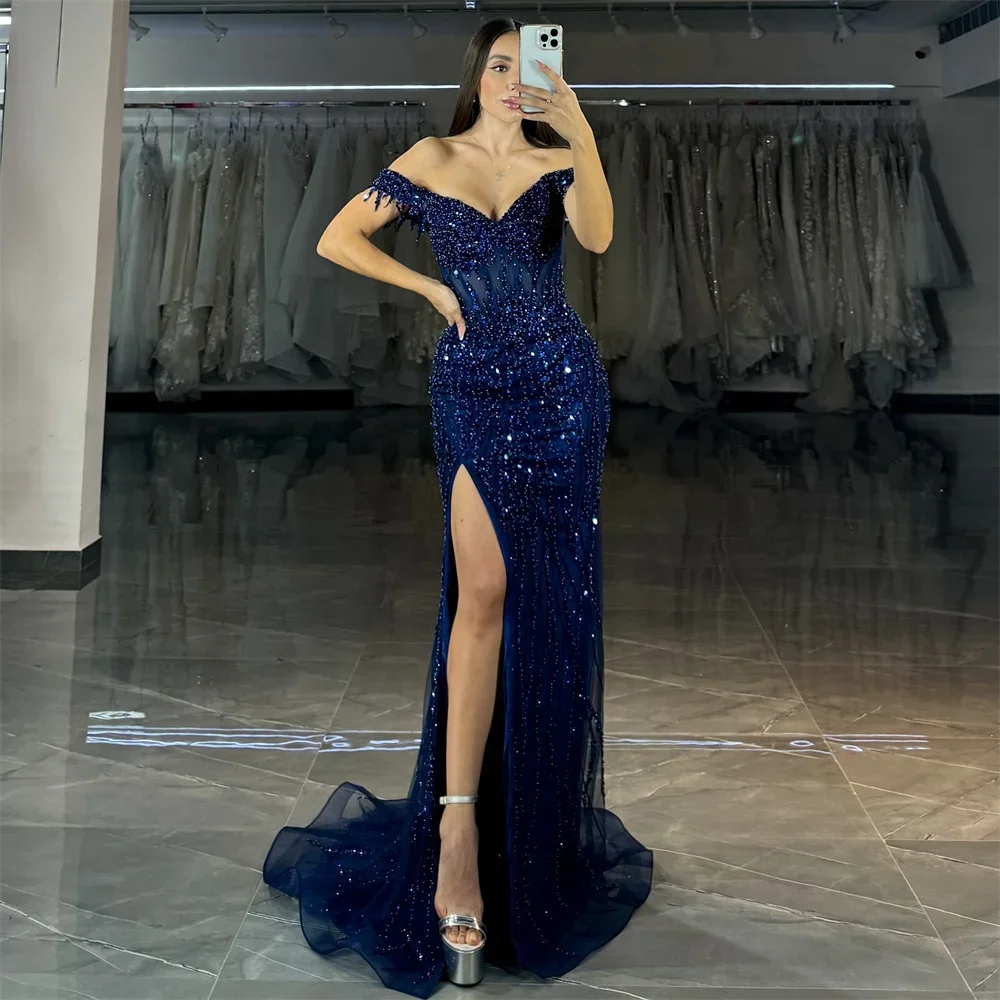 Luxurious Sparkling Blue Mermaid Lace Beaded Women's Evening Dress Sexy V-neck Side High Slit Off Shoulder Ball Dress Customized