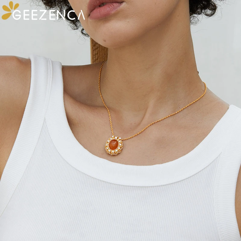 GEEZENCA 925 Sterling Silver Natural Amber Zircon Oval Pendant Necklace For Women Classic Court Luxury Gemstone Necklaces Gift