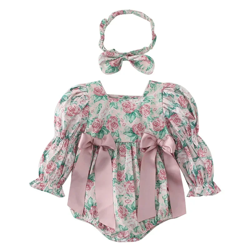 Kids Girls Floral Bow Dress Infant Flower Print Romper Little Sister Big Sister Matching Long Sleeve Clothes Newborn Bodysuit