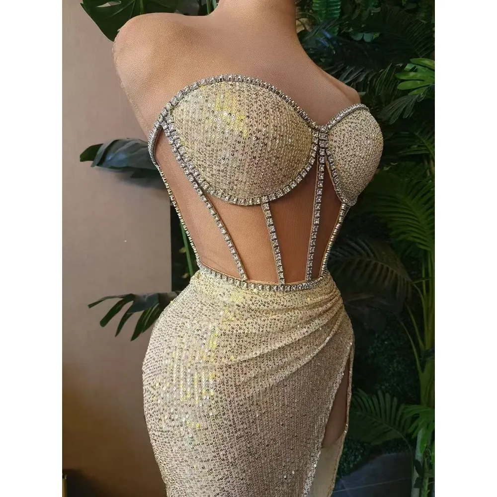 Hollow Design Bright Sheath Rhinestone Party Evening Gowns Sexy Split Long Dresses Semi Transparent Dress Fashion Prom Gowns