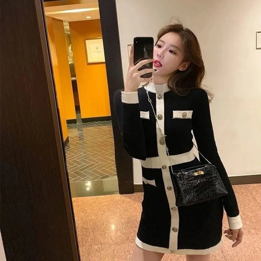 2022 Fashion Korean Style Knitted Dress Winter White Black Women Knit Bodycon Dress Elegant Long Sleeve Dress Knitwear For Women