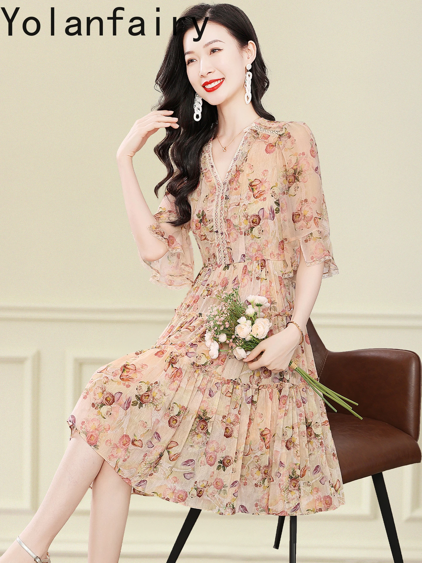 YOLANFAIRY 70% الكتان 30% التوت فستان حريري الصيف الملابس النسائية فستان زهري أنيق مضيئة كم فساتين الموضة امرأة