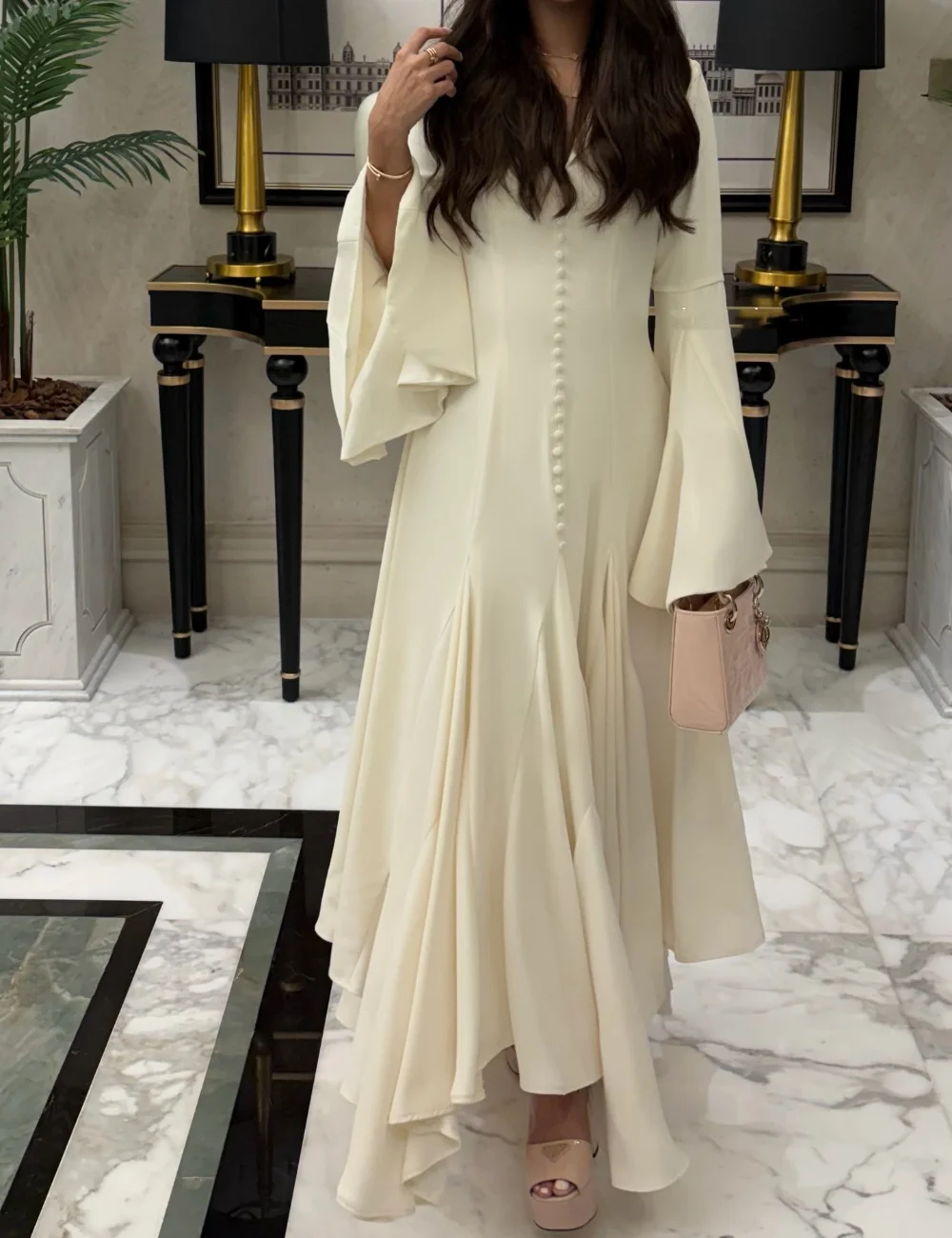 

Customized Classic Jersey Pleat Button A-line V-neck Midi Bespoke Occasion Evening Dresses Sizes Available