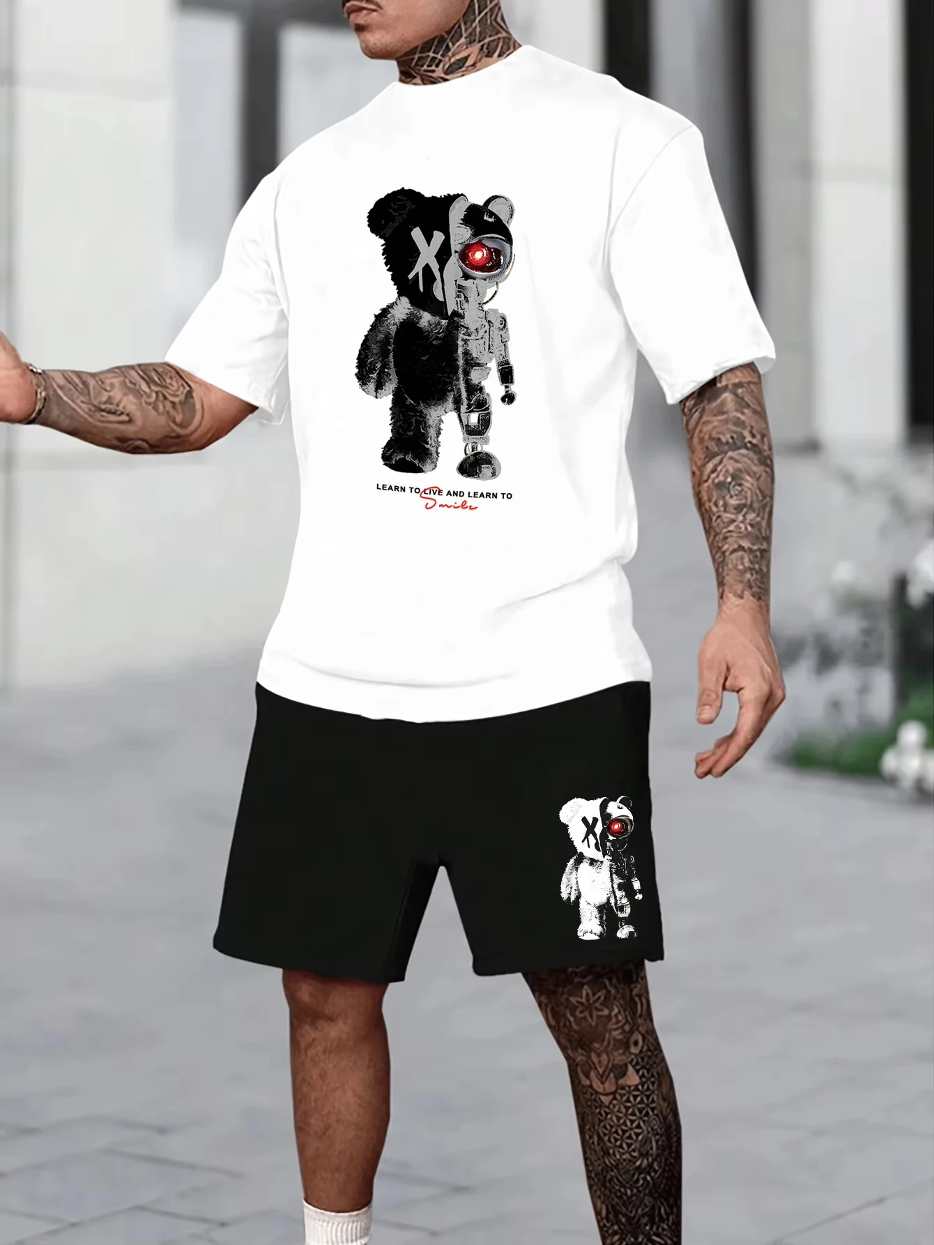 

Мужская футболка с принтом машинного медведя, шорты, костюм из двух предметов, креативная модная одежда большого размера с героями мультфильмов, мужские спортивные штаны