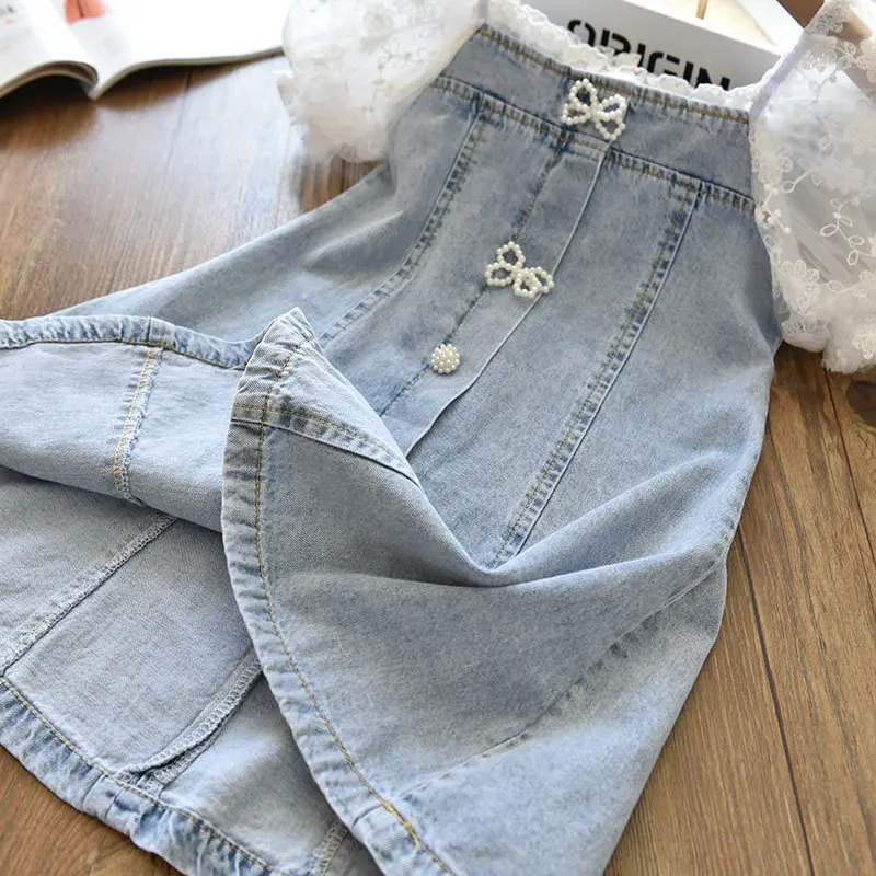 Children Girl Dress Fashion Lace Puff Sleeve Denim Kid Dress Elegant Pearl Princess Dress Baby Girl Clothes Casual Infant A1212