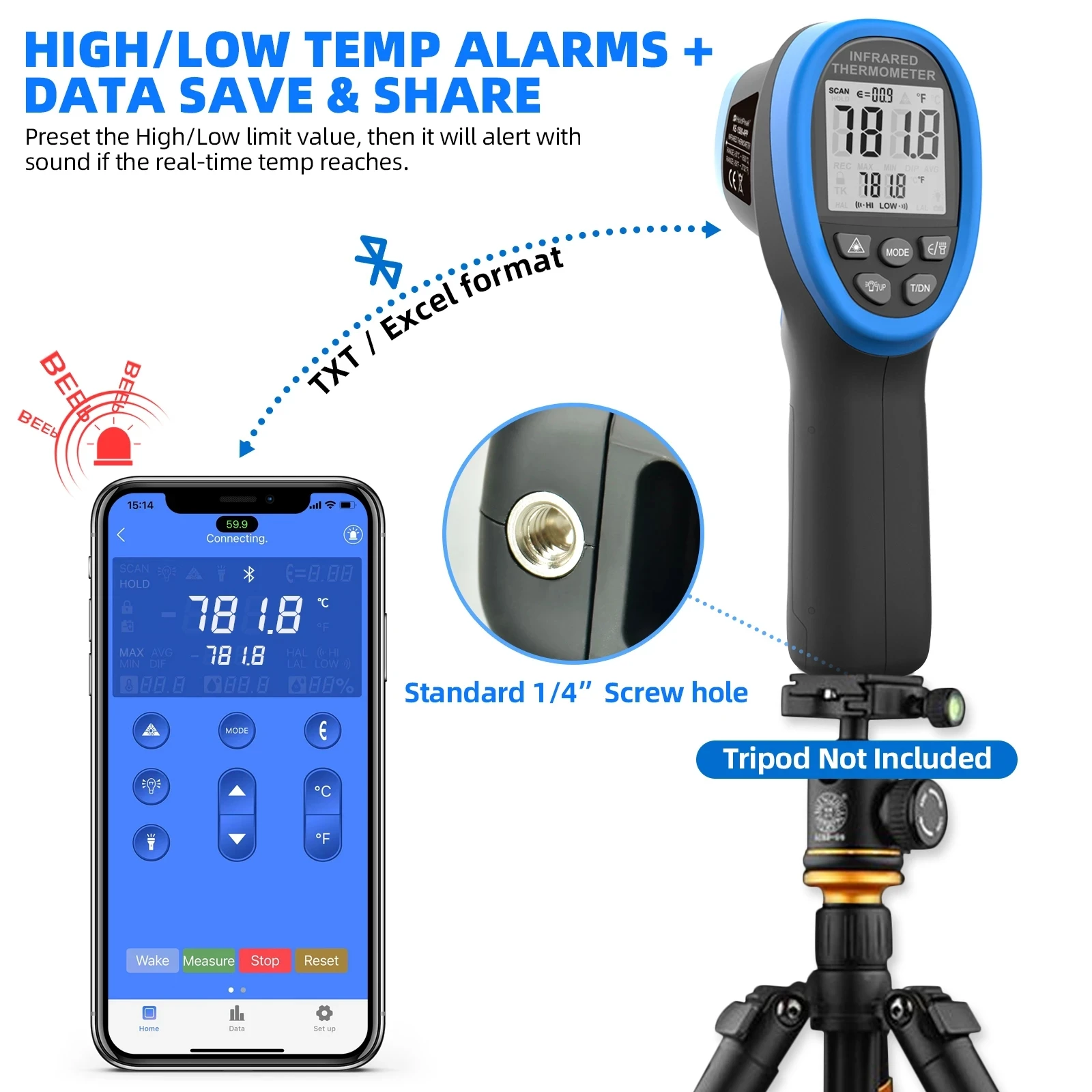 HoldPeak HP-1500-APP Digital Infrared Thermometer -50~1500 DS 30:1,Non Contact Temperature Meter with Bluetooth APP Data Hold