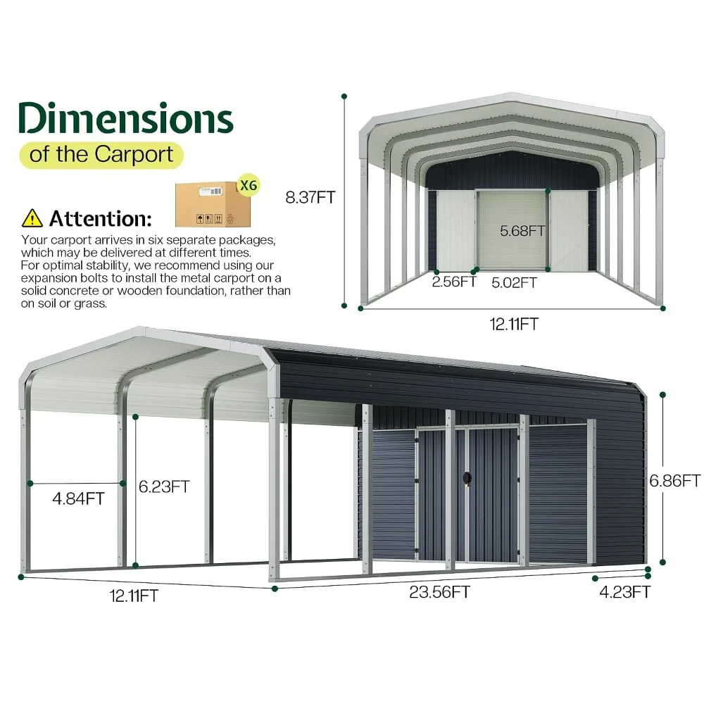 12x24 FT 2-in-1 Carport & Storage Shed, Galvanized Steel Roof, Custom