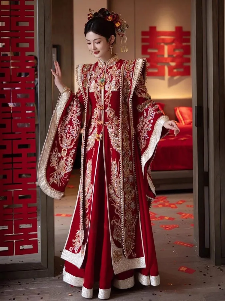 Nowa aksamitna suknia ślubna w stylu chińskim Hanfu z koroną feniksa i czerwonym płaszczem dla kobiet w dużych rozmiarach.