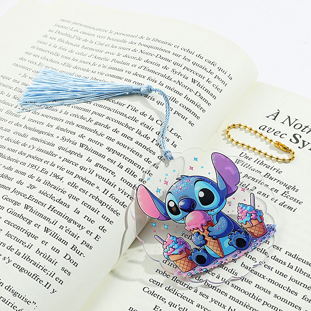 1Pcs Cute Stitch Round Bookmark, Clear Acrylic Bookmark with Tassel for Fans Collection Book Lovers Pearl Lanyard Gift for Women