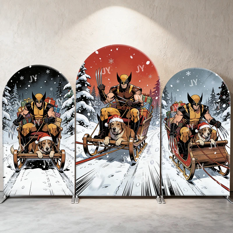 

Wolverine Christmas Sled Arch Backdrop Cover Santa Hat Dog Festive Scene For Kids Birthday Baby Shower Photo Booth Background