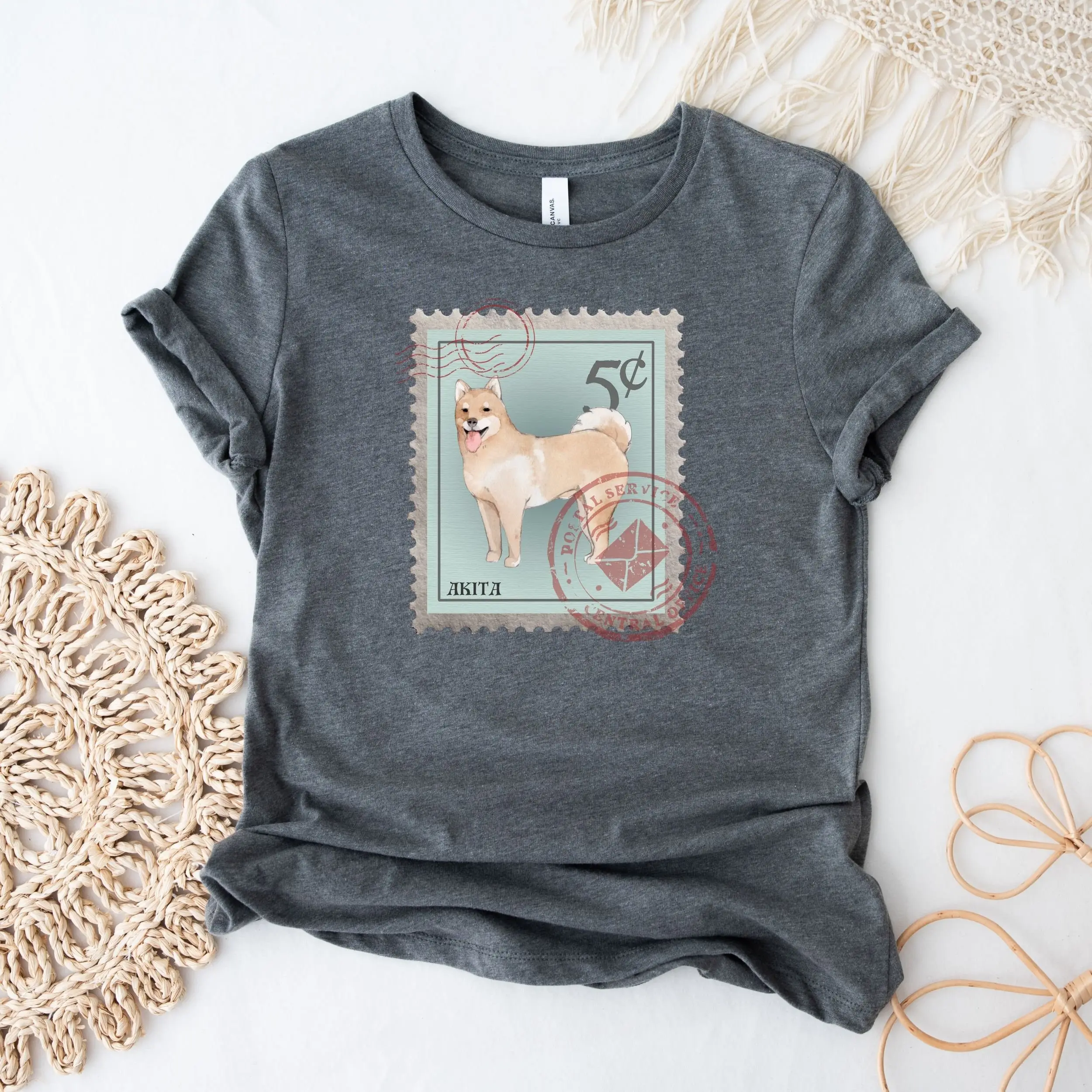 Akita T Shirt Postage Stamp Mom Dad gift Collector Dog Lover Philatelist