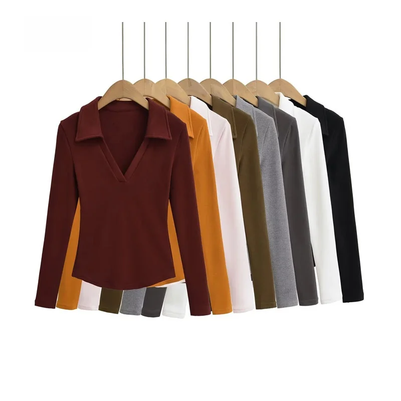 

Американский ретро Thiened V-ne t irt Женская весенне-осенняя верхняя одежда Long Sve Slim Arc Base irt Топ