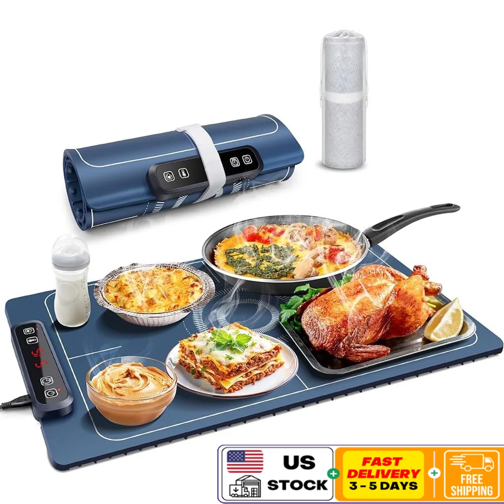 

Electric Food Warming Mat 5 Temp Settings Adjustable Heating Tray 10s Quick Heat Energy Efficient Safe Silicone Auto Shut-Off