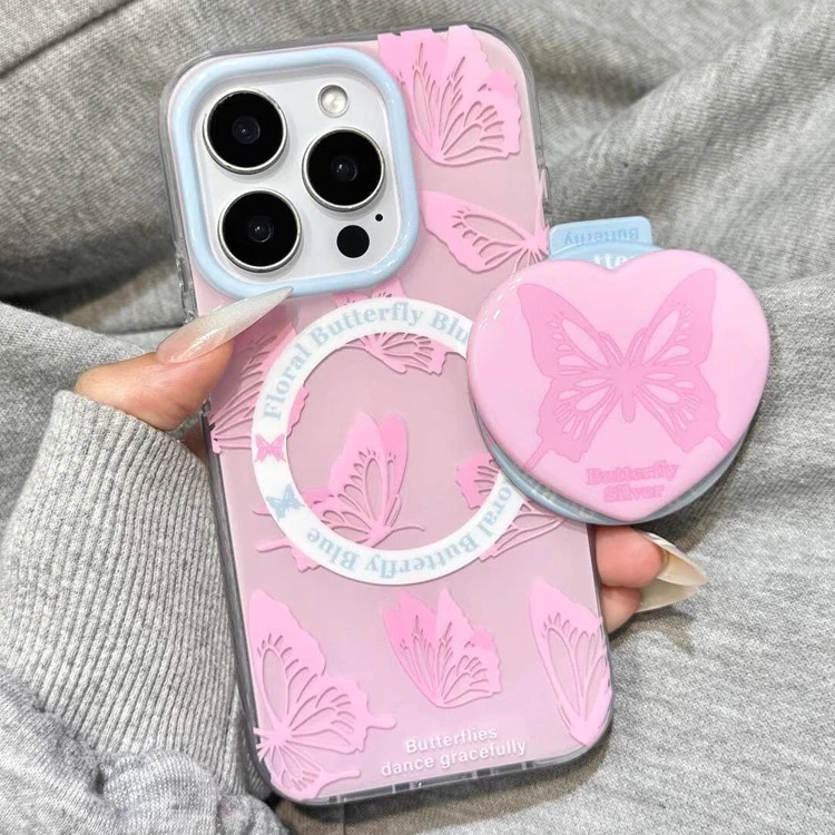 

Korean Cute Pink Butterfly Magnetic Grip Tok Stand Holder Phone Case for iPhone 16 15 14 Pro Max 13 Lovely For Magsafe Cover