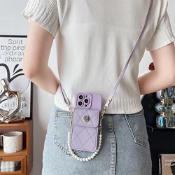 Pearl Strap Case For Xiaomi POCO X8 F8 X6 M6 Pro X7 Redmi 15 15C Mi 17T 15T Wallet Card Flower Crossbody Cord Lanyard Bag Cover
