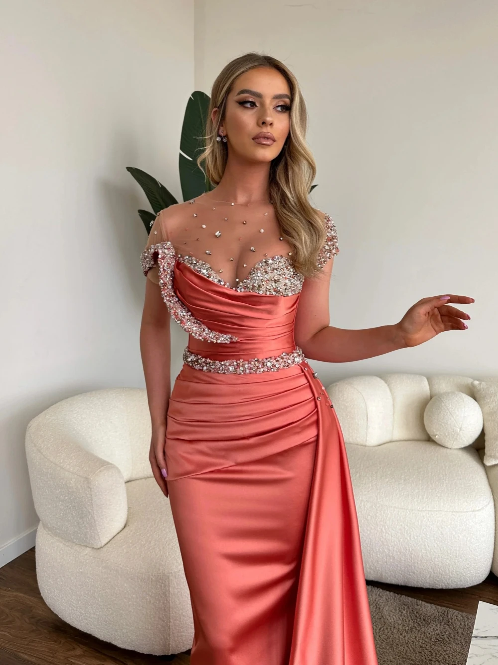 Sparkly Crystal Pearls Prom Gown High Collar Evening Dress 2025 Elegant Satin Long Cocktail Dresses Customzied Vestidos De Novia