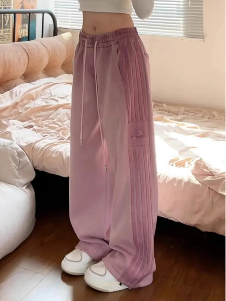 กางเกงขายาวทรงตรงสไตล์อเมริกันสำหรับผู้หญิง ลายทางสีชมพู กางเกงลำลองสำหรับฤดูใบไม้ร่วงและฤดูหนาว ทำจากผ้าถัก