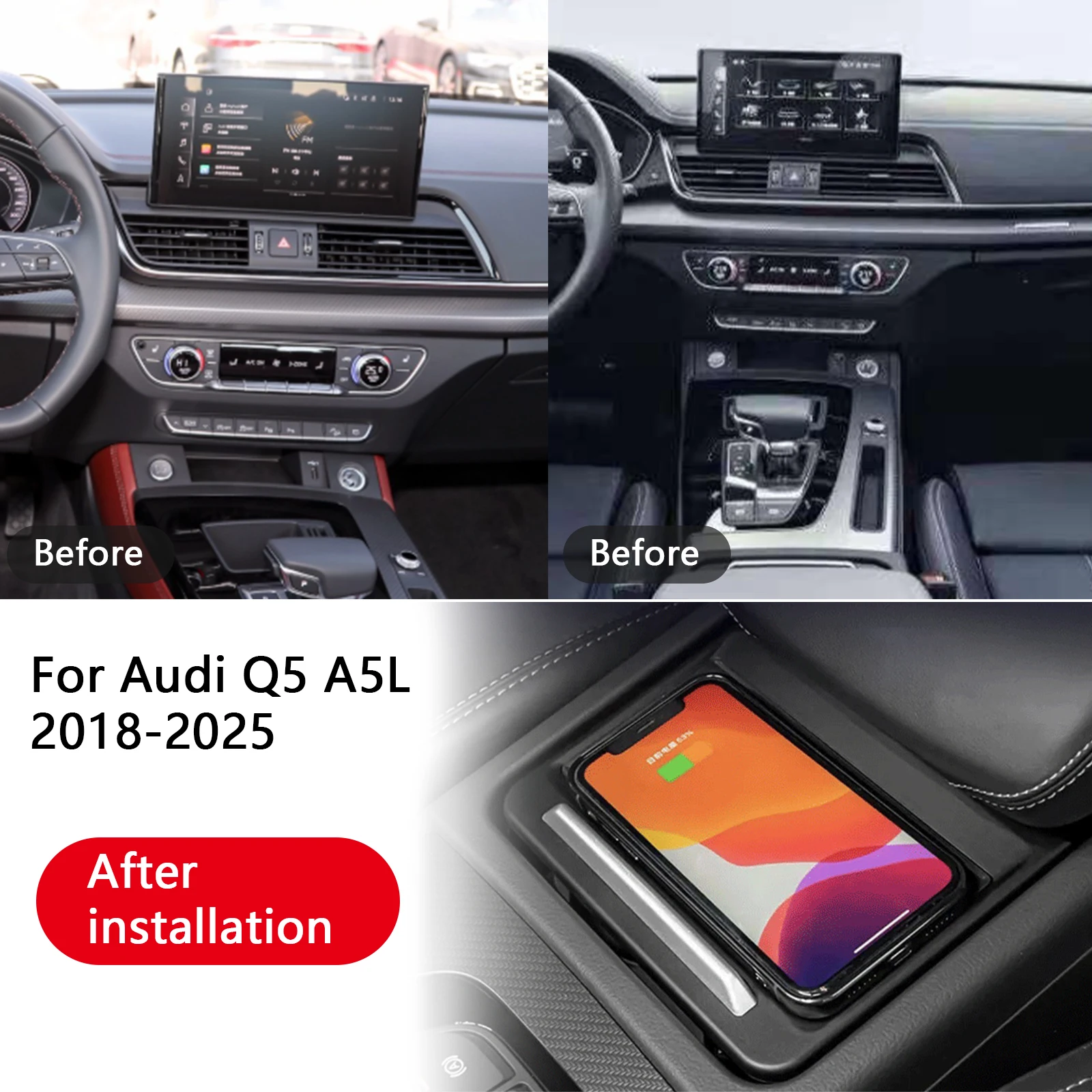 2 din a trela para audi q5 a5l 2018-2025 console central do carro carregador de telefone rápido carregador sem fio placa de carregamento suporte de ca
