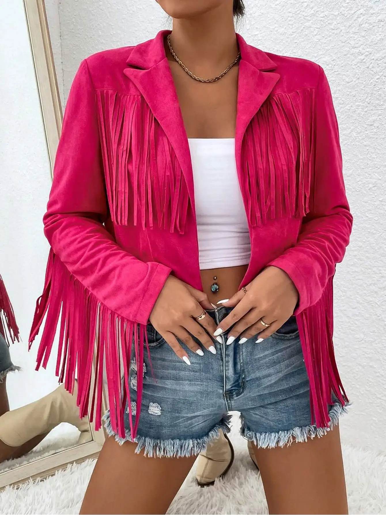 

Ярко-розовая замшевая куртка с бахромой для женщин - повседневный летний стиль