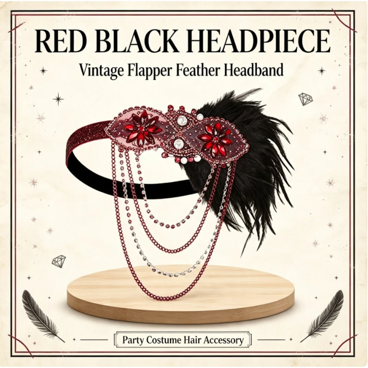 PESENAR 1920s Gatsby Flapper Costume Set Red Black Feather Headpiece Pearl Necklace Long Gloves Vintage Holder Prop for Hallowee