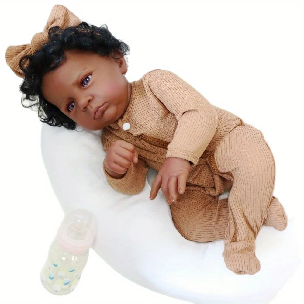22 Inch Hand-Painted Realistic Baby Expression Resurrection Doll Deep Skin Color Curly Hair Collectible Ornament for Collectors