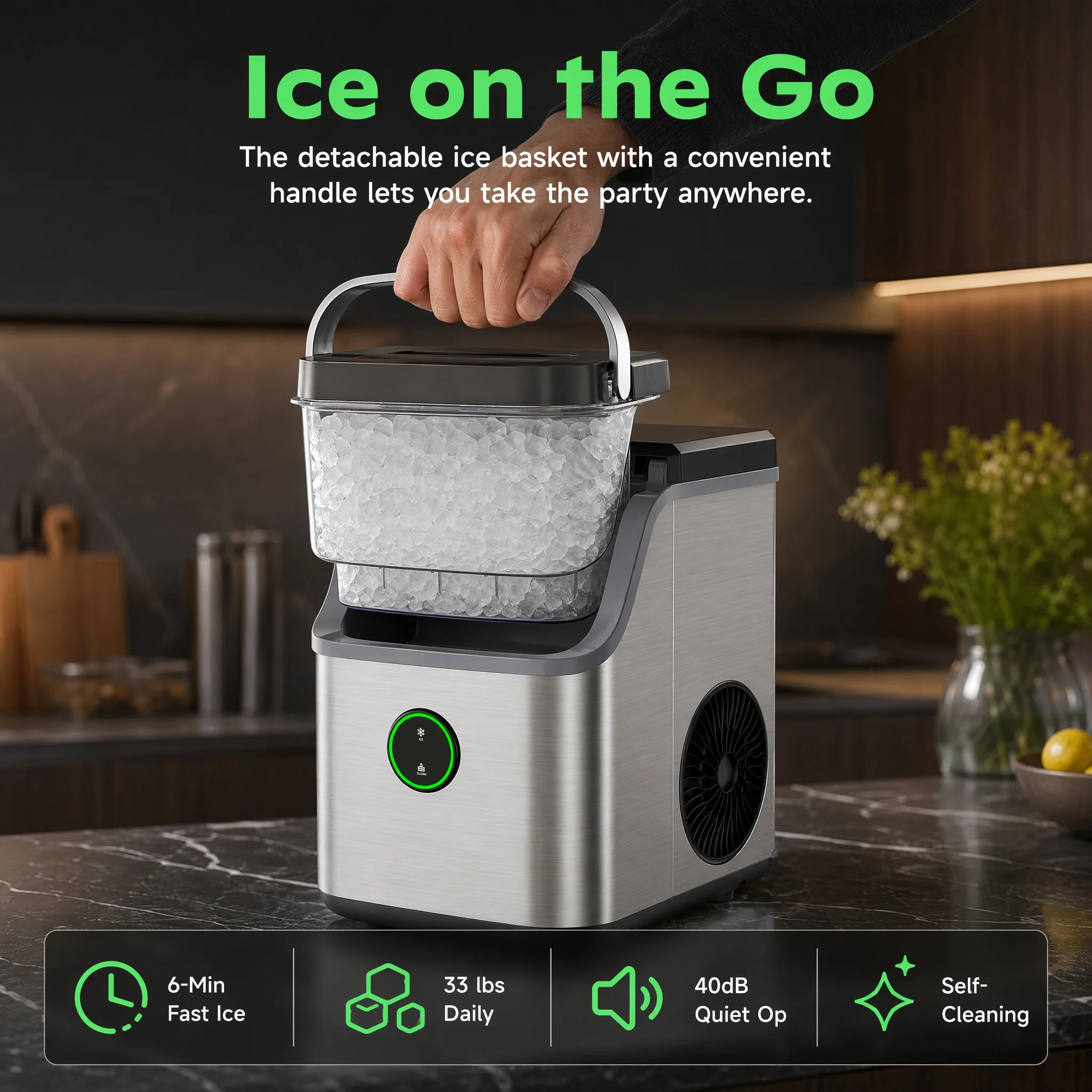 Nugget Ice Maker Countertop, Ice Basket with Handle, Quiet Operation & Self Cleaning Ice Machine, Chewable Ice, 33 Lbs/24H, Portable Pellet Ice Maker with Scoop for Home, Kitchen and Office image 3