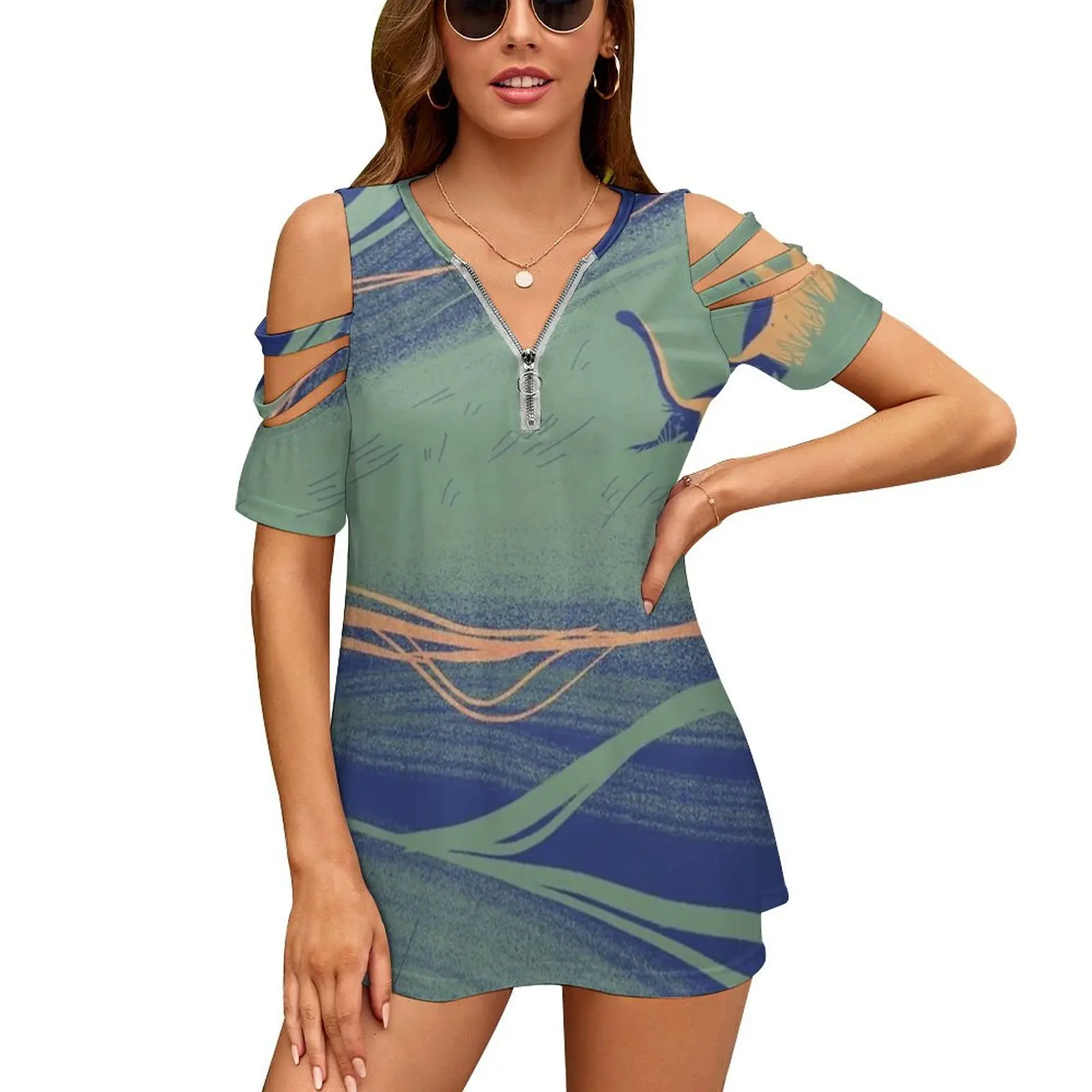 Tall Grass New Fashion Zip Off Shoulder Top Short-Sleeve Women Shirt Cats Animals Euqinimodart Grass Landscape Green Blue