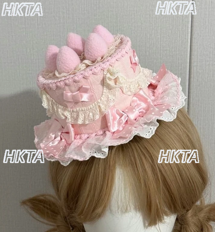 

Японская милая и изысканная шляпка-федора в стиле лолита с клубничным декором, ручной работы, с кружевной отделкой, в горошек, с бантом, кавайная, для женщин