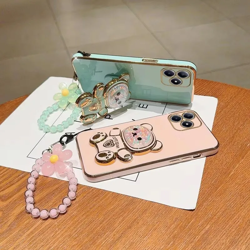 Casing HP Lanyard Motif Beruang Pasir Mewah Berlapis untuk iPhone 17 16 15 14 Plus 13 12 11 Pro Max X S XR 7 8 SE