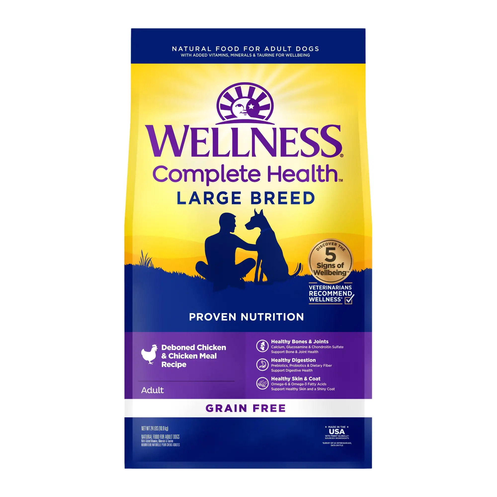 

Wellness Complete Health Натуральный беззерновой сухой корм для собак большой пород, курица, 24-фунтовый пакет