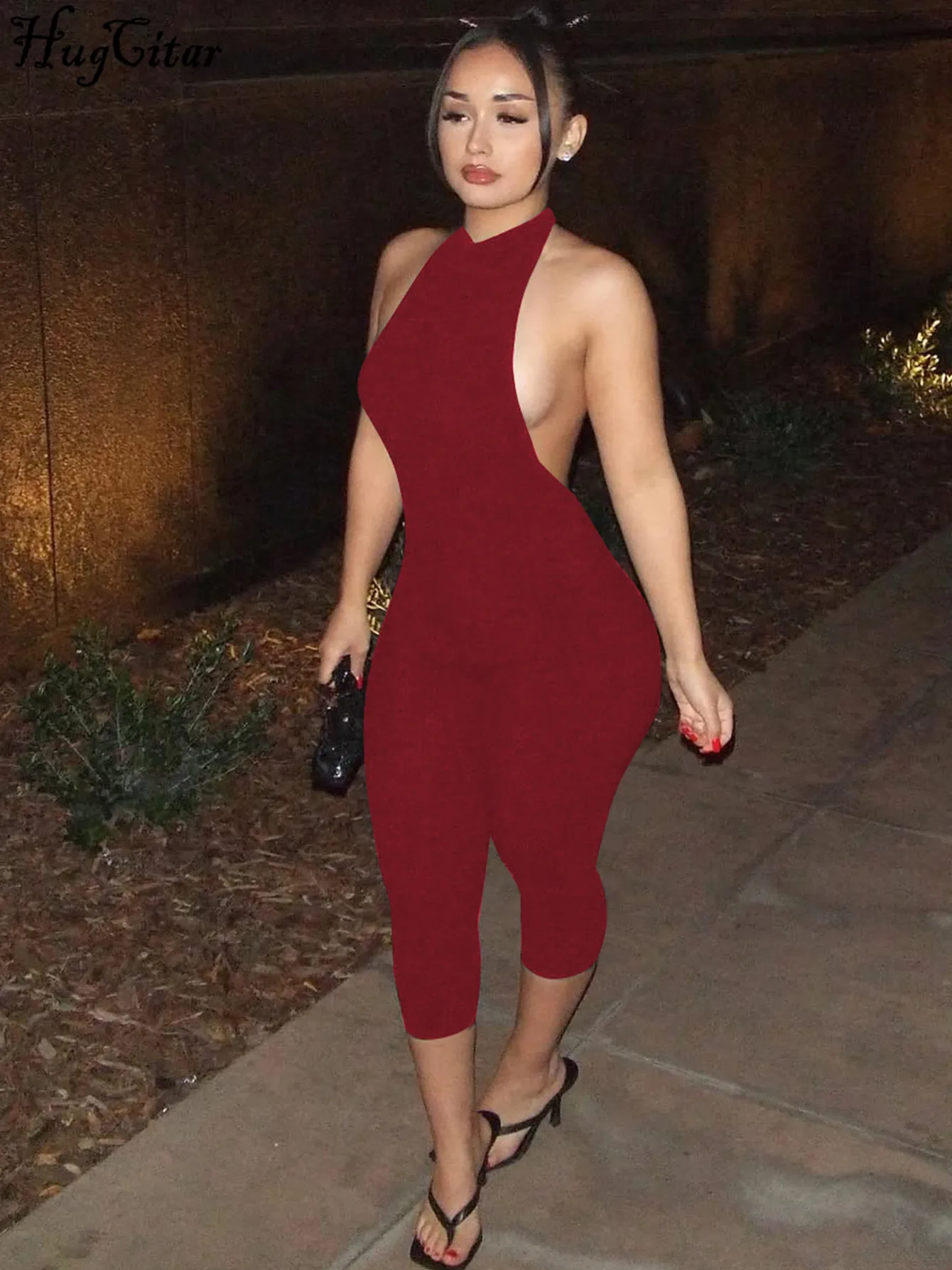 Hugcitar مضلع الرسن عارية الذراعين الصلبة زر مثير Bodycon نحيل بذلة الصيف النساء موضة عطلة رومبير الشارع الشهير نادي #5