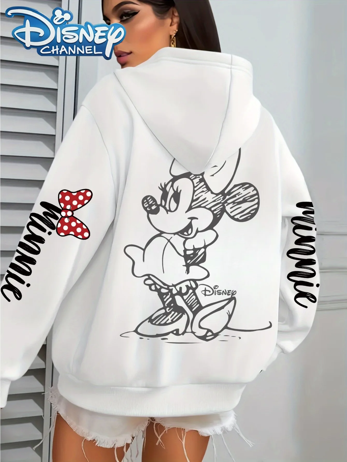 

Женская хлопковая флисовая толстовка с капюшоном Disney и Минни Маус, белый мультяшный персонаж, полная спина, принт, горошек, рукав с бантом, карман-кенгуру