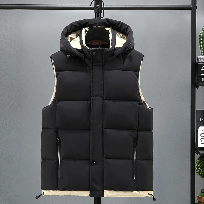 

#3662 Black Blue Khaki Sleeveless Jacket Men Hat Detachable Warm Thick Outerwear Hooded Vest Zipper Outerwear Down Vest Winter