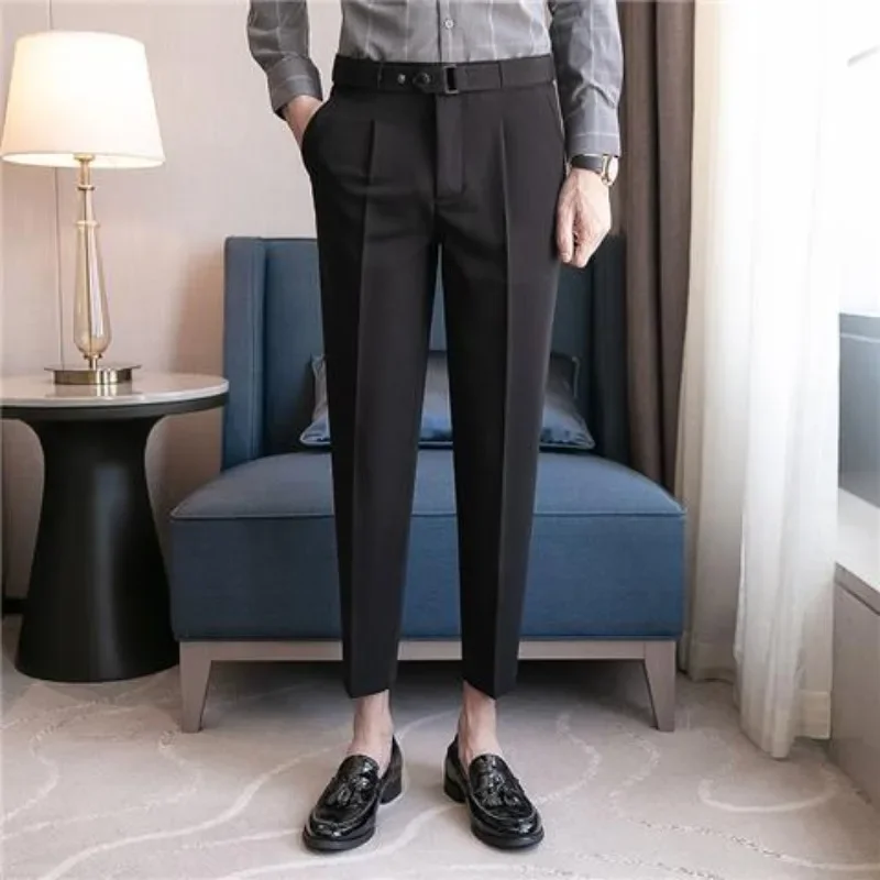 Men\'s Summer Pants Slim Fit 9 Cropped Business Straight Elastic Social Tailoring Male Suit Trousers Tressed Stretch Formal Cheap