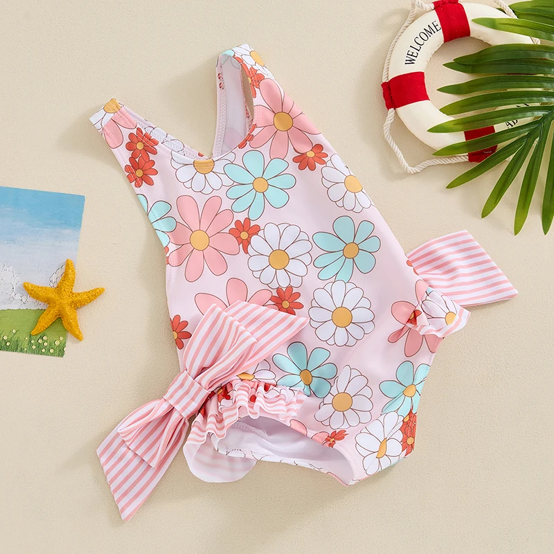 Hot Sale Toddler Kids Girls Swimsuit Floral Print Bowknot Beachwear Sleeveless Ruffles Summer Beach Bathing Suit 18M-6Y