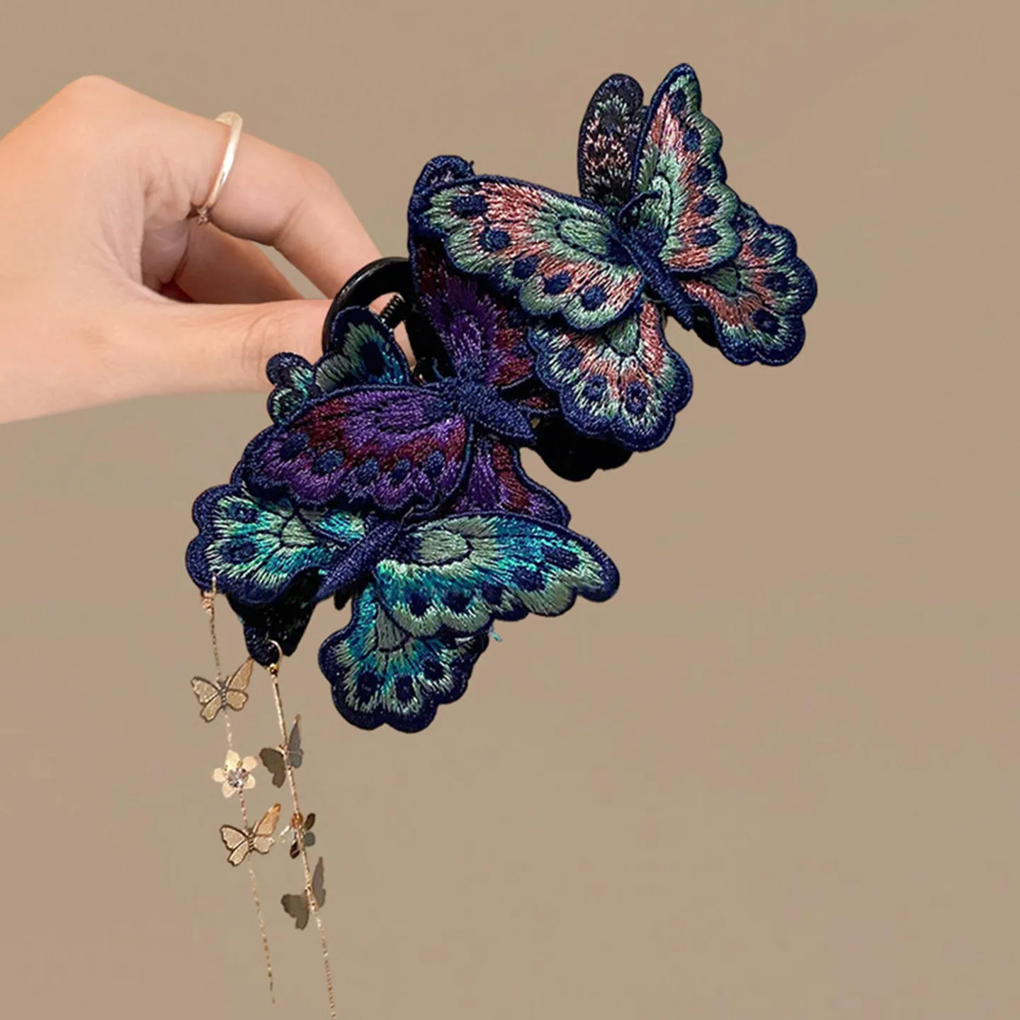 New Chinese Style Blue Embroidery Butterfly Hair Claws Women's Purple Long Flower Tassel Shark Clips Retro Cheongsam Headwear M view 2