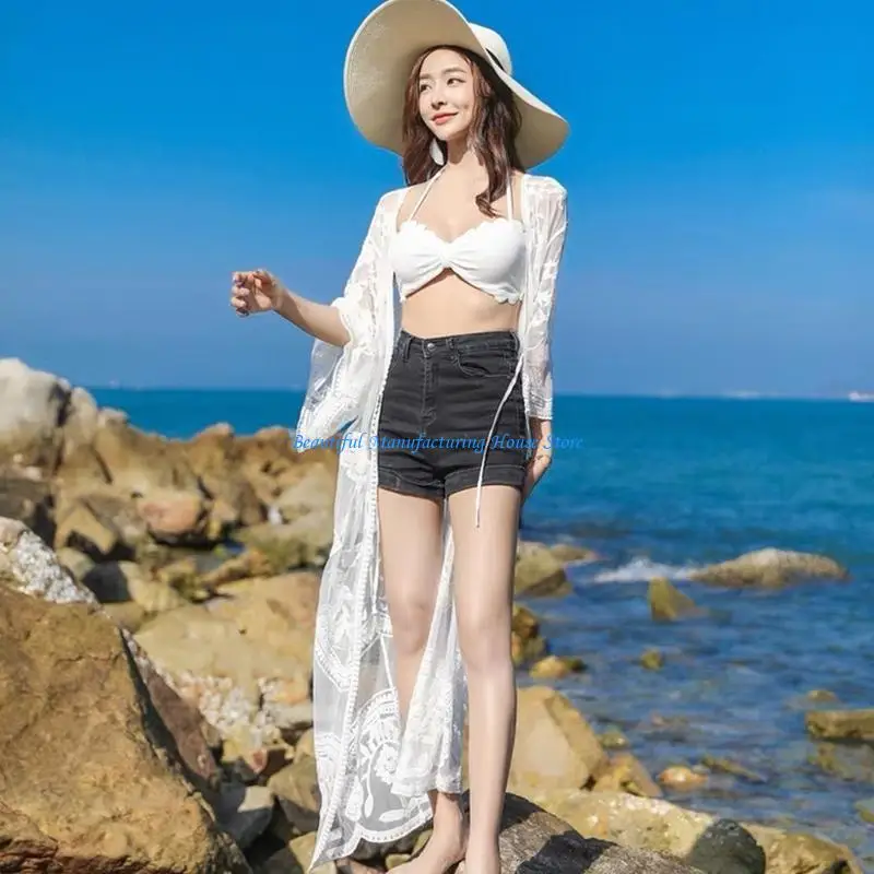 

E56A Women Summer Embroidery Lace Kimono Cardigan See-Through Mesh Long Cover Up Tie Open Front Crochet Beach Blouse